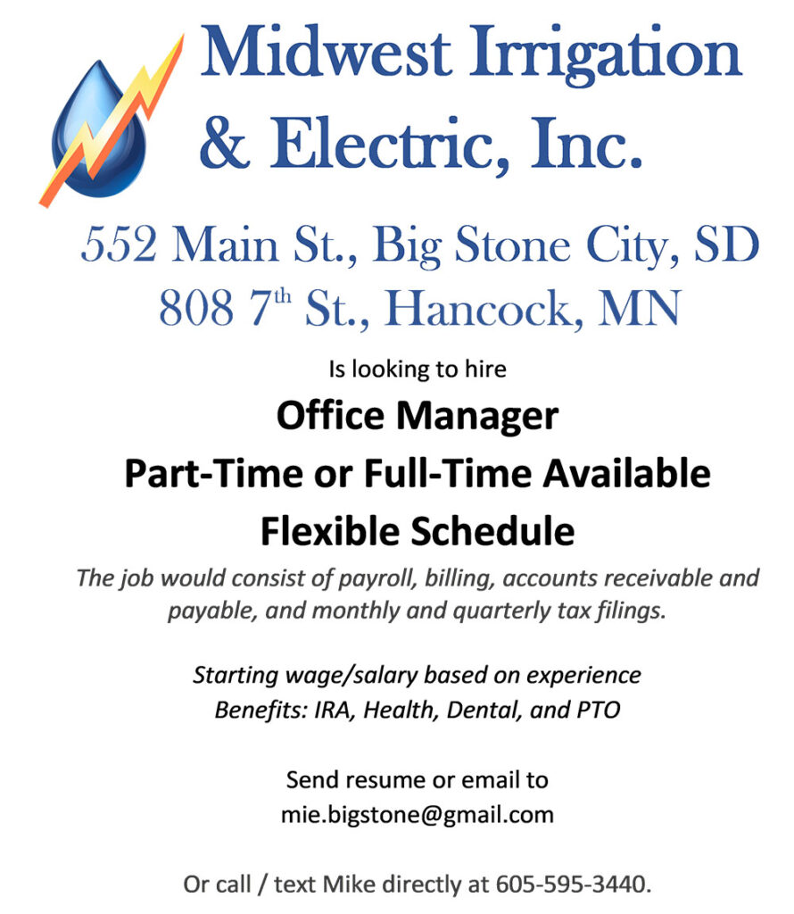 Office help wanted at Midwest Irrigation & Electric Inc.