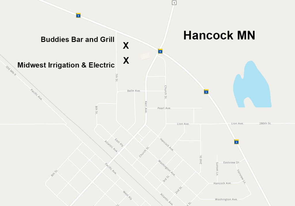 Map showing location at Midwest Irrigation & Electric Inc., Hancock MN location.